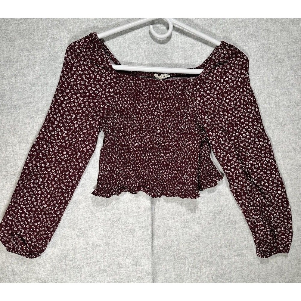 Copper Key Smocked Floral Crop Top Junior Size Large Puff Sleeves Red